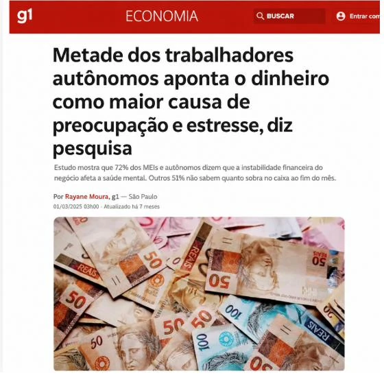 Reportagem do g1: metade dos trabalhadores autônomos aponta o dinheiro como maior causa de preocupação e estresse, diz pesquisa.