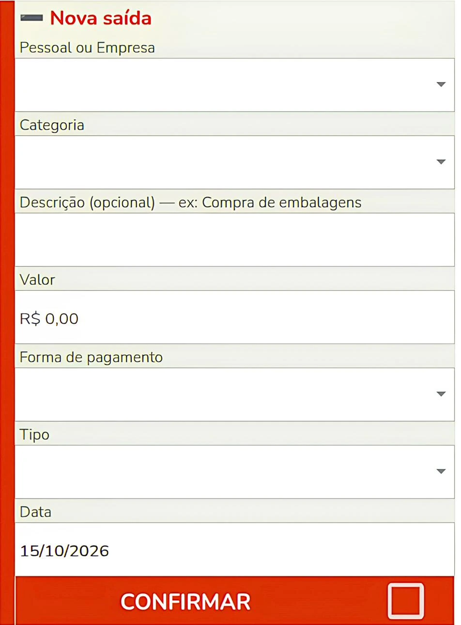 Tela Nova saída da planilha Minha Finança, com os mesmos campos da entrada e o botão Confirmar em vermelho.